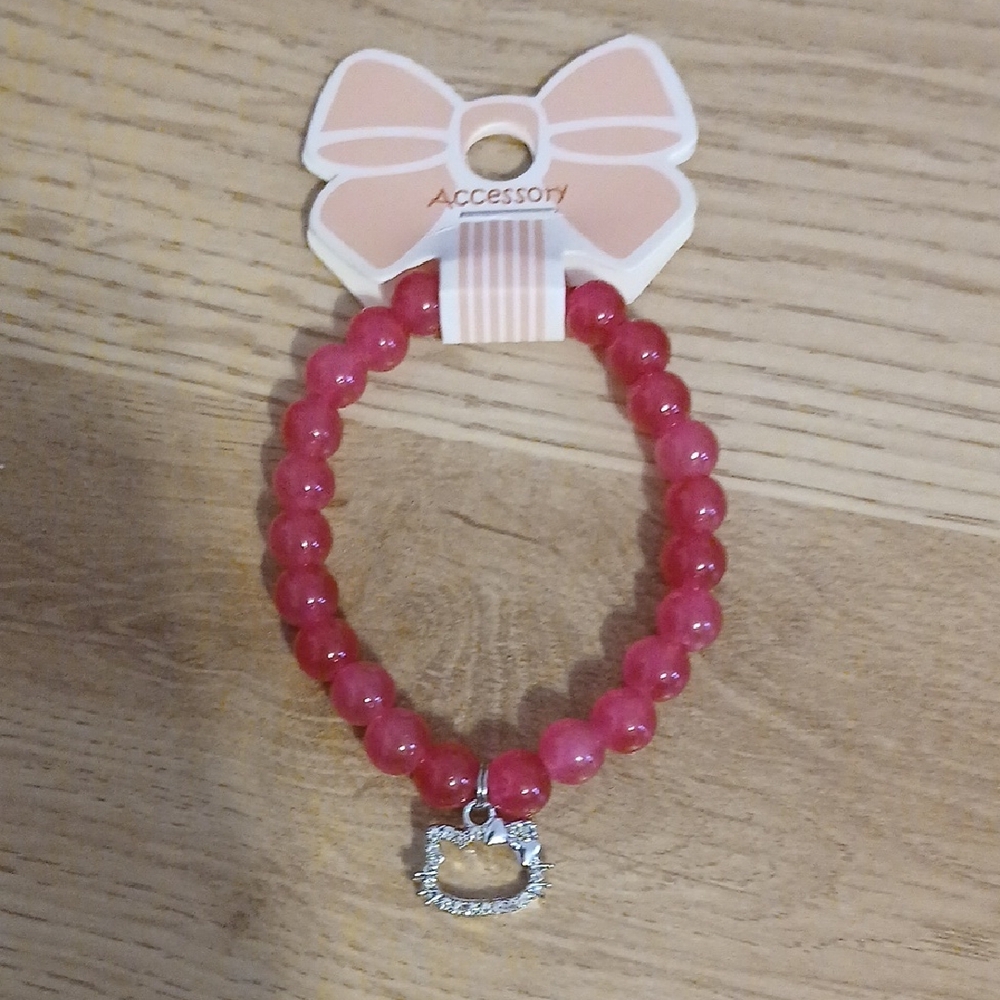 Pink Beaded  Bracelet with Silver Cat Charm